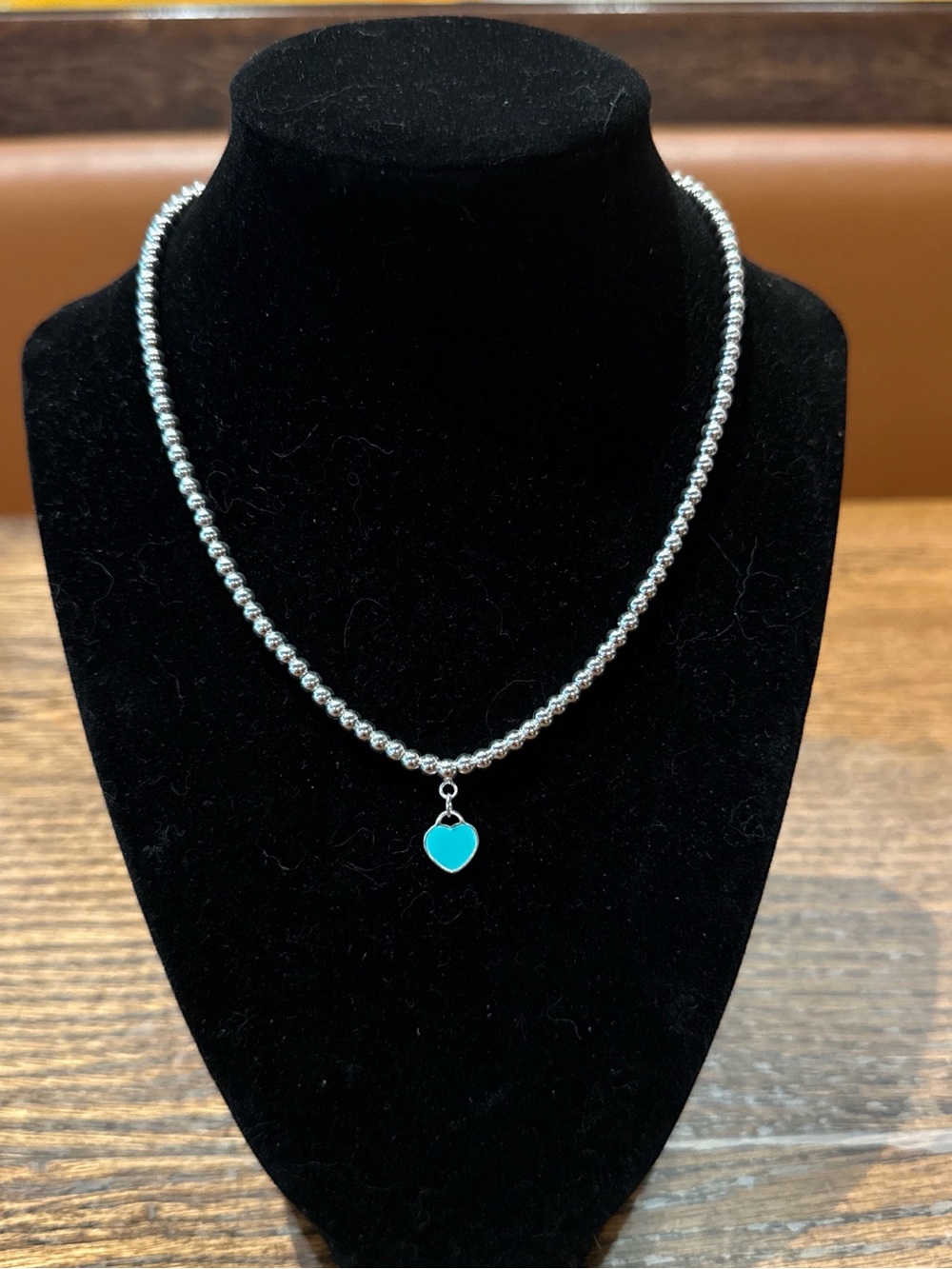 Silver Beaded Necklace with Turquoise Heart Charm